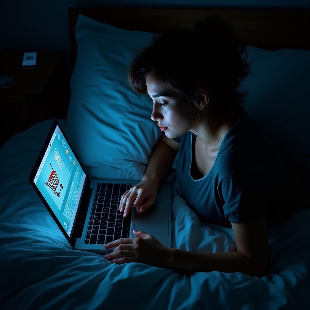 Osoba robiąca zakupy online późno w nocy przy świetle laptopa