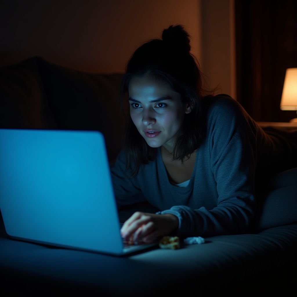 Osoba robiąca zakupy online późno w nocy przy blasku ekranu