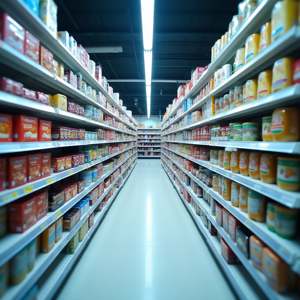 Starannie zaplanowany układ półek w nowoczesnym supermarkecie
